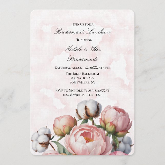Convite Blush Pink Peony and Cotton Bridesmaids Luncheon (Frente)