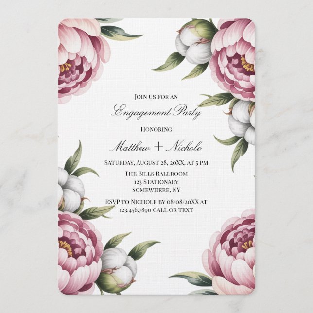 Convite Blush Pink Peony and Cotton Engagement Party (Frente)
