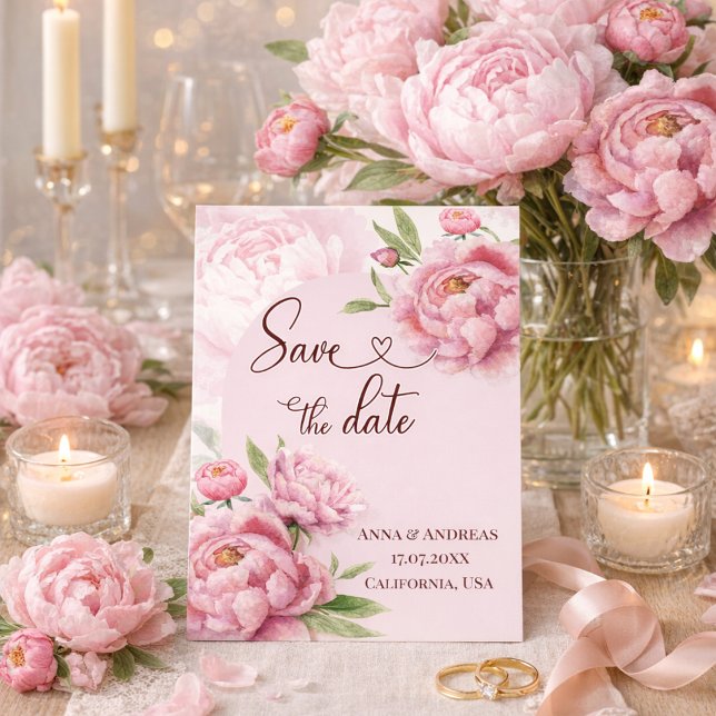 Convite Blush Pink Peony Save the Date Card (Pink Peony Save the Date Wedding Invitation)
