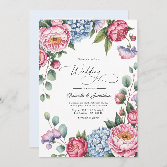 Convite Blush Pink, Powder Blue & Lavender Floral Wedding (Frente/Verso)