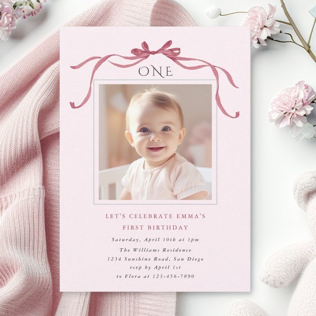 Convite Blush Pink Red Bow Girl 1st Birthday Party (Criador carregado)