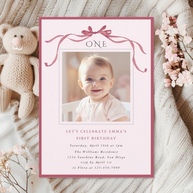 Convite Blush Pink Red Bow Girl 1st Birthday Party (Criador carregado)