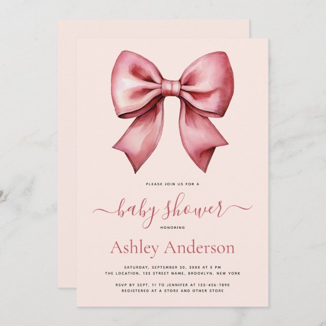Convite Blush Pink Red Bow Girl Baby Shower (Frente/Verso)