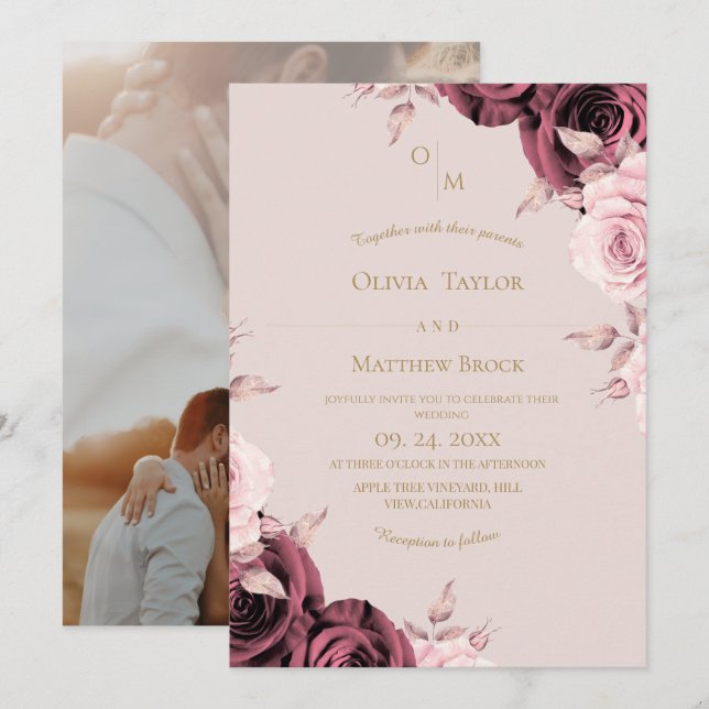 Convite Blush Pink Rose Floral Wedding  (Frente/Verso)