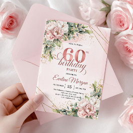 Convite Blush Pink Rose Gold Floral 60th Birthday Invites