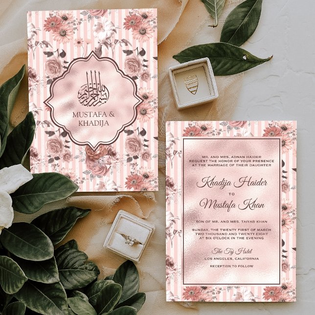 Convite Blush Pink Roses and Stripes Floral Muslim Wedding (Criador carregado)