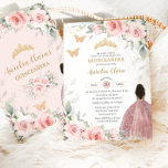 Convite Blush Pink Sage Floral Brown Princesa Quinceañera<br><div class="desc">Este convite de aniversário da Quinceañera, chique, apresenta uma bonito menina marrom vestida com um vestido de rosa dourado / esmalte brilhante, cor d'água, cor azul-d'água, floral cor-de-rosa e folhagem verde macia. Personalize-o com seus detalhes de forma fácil e rápida, basta pressionar o botão personalizar para reorganizar e formatar o...</div>