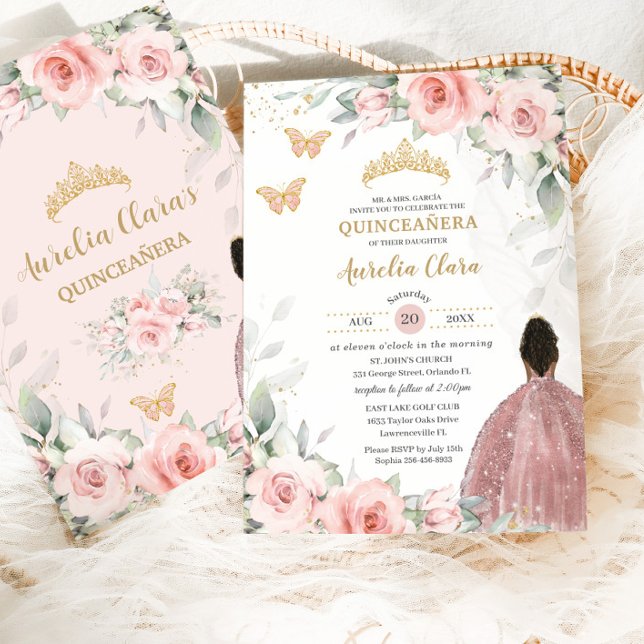 Convite Blush Pink Sage Floral Brown Princesa Quinceañera (Criador carregado)