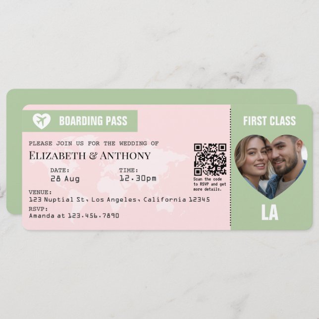 Convite Blush Pink & Sage Green Boarding Pass Wedding (Frente/Verso)