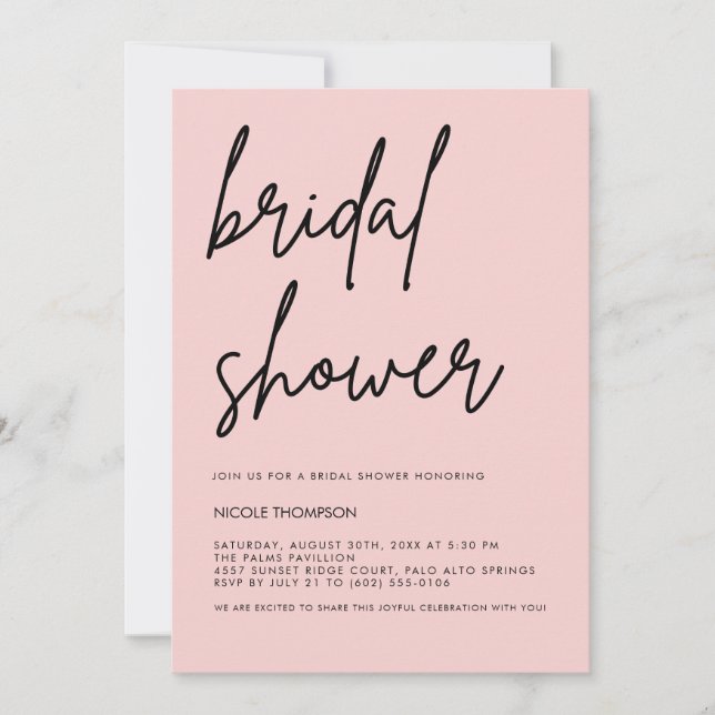 Convite Blush Pink Script Modern Bridal Shower Invitation  (Frente)