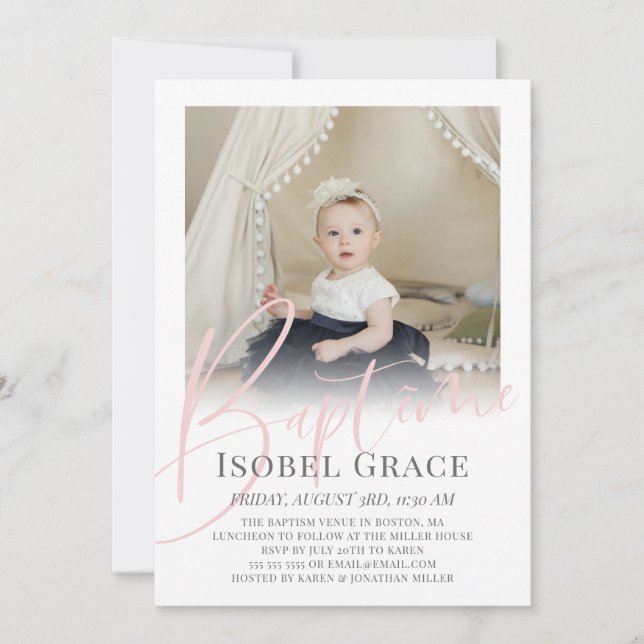 Convite Blush Pink Script Photo Baptême (Frente)
