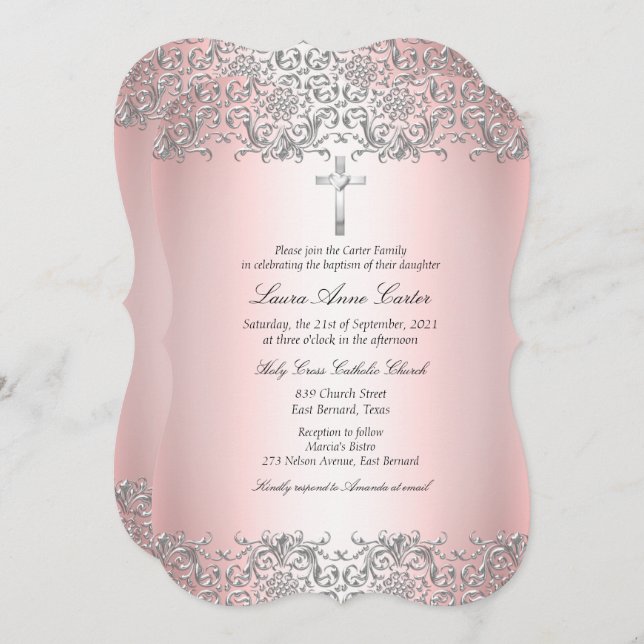 Convite Blush Pink Silver Damask Cross Baptism Christening (Frente/Verso)