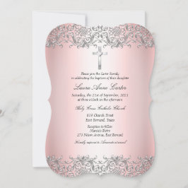 Convite Blush Pink Silver Damask Cross Baptism Christening