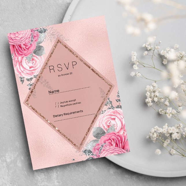 Convite Blush pink silver glitter peony floral RSVP  (Blush pink silver glitter peony floral RSVP )