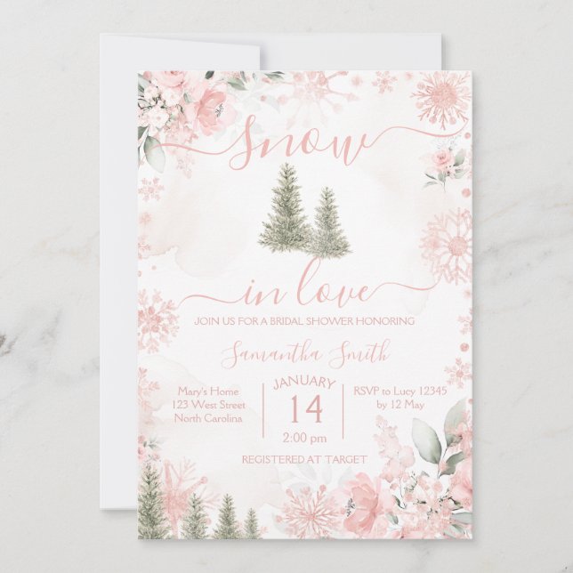 Convite Blush Pink Snow in Love Snowflake Bridal Shower (Frente)