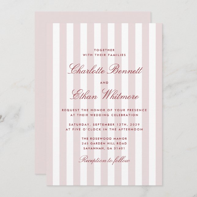 Convite Blush Pink Stripes com Red Script Modern Wedds (Frente/Verso)