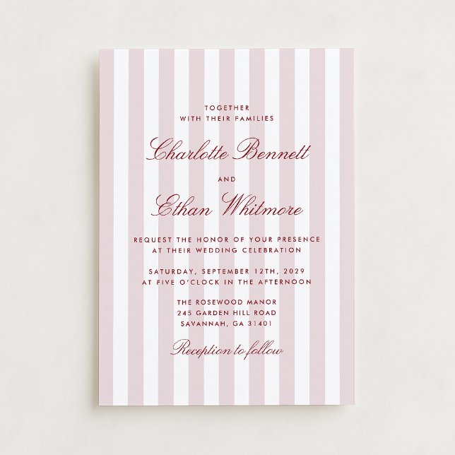 Convite Blush Pink Stripes com Red Script Modern Wedds (Criador carregado)