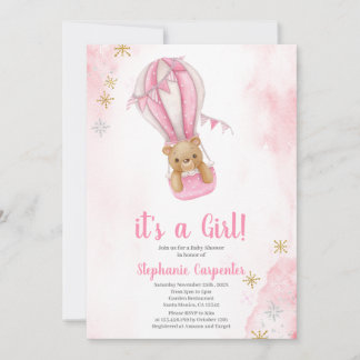 Convite Blush pink teddy bear Baby Shower Girl Invitation