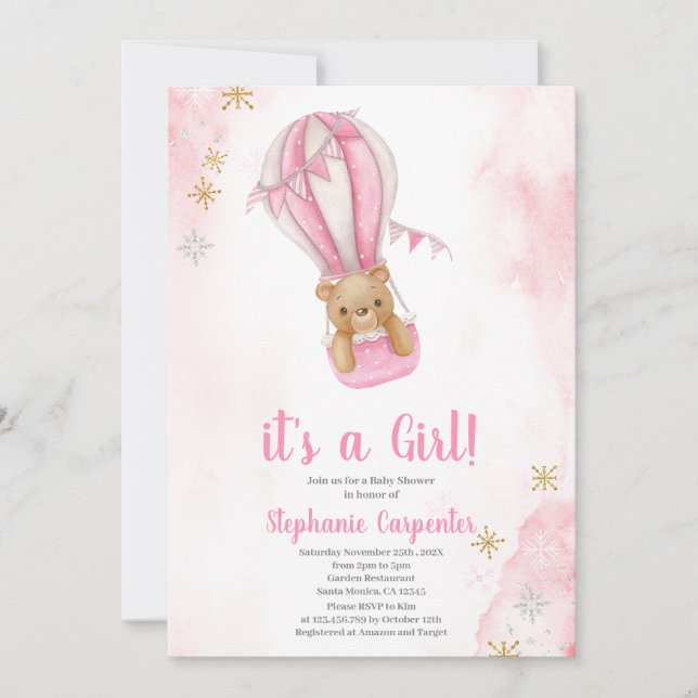 Convite Blush pink teddy bear Baby Shower Girl Invitation (Frente)