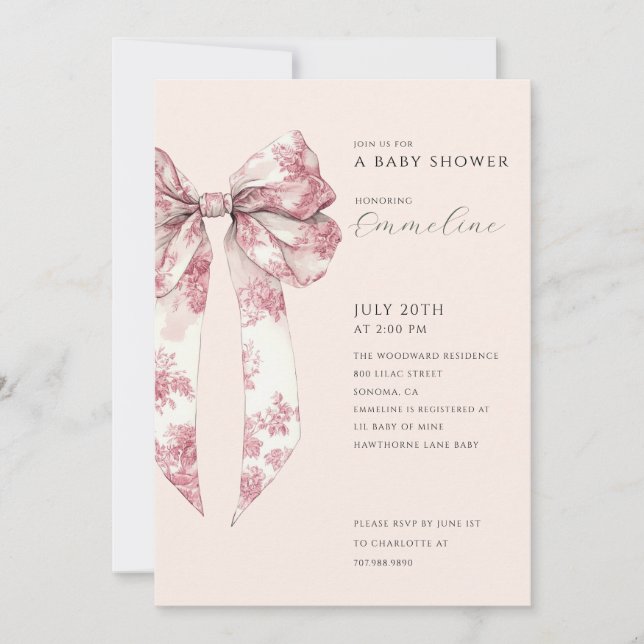 Convite Blush Pink Toile Bow Baby Shower  (Frente)