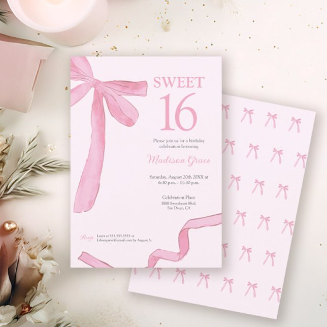 Convite Blush Pink trendy Bow Ribbon Coquette Sweet 16  (Coquette Blush pink ribbon bow Sweet 16 birthday invitation in print and digital download.)