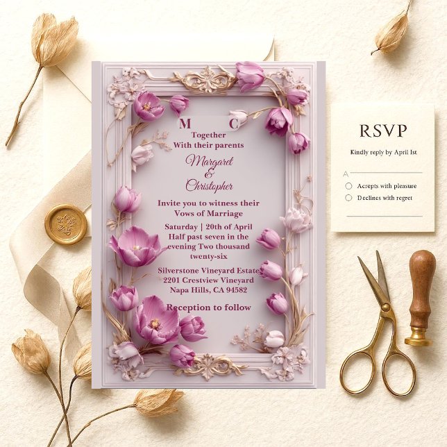 Convite Blush Pink Tulips Baroque Opulent Ivory Wedding  (Blush Pink Tulips Baroque Opulent Ivory Wedding Invitation)