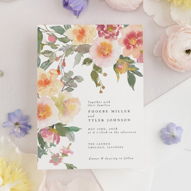 Convite Blush Pink Watercolor Flowers Blooms Casamento (Criador carregado)