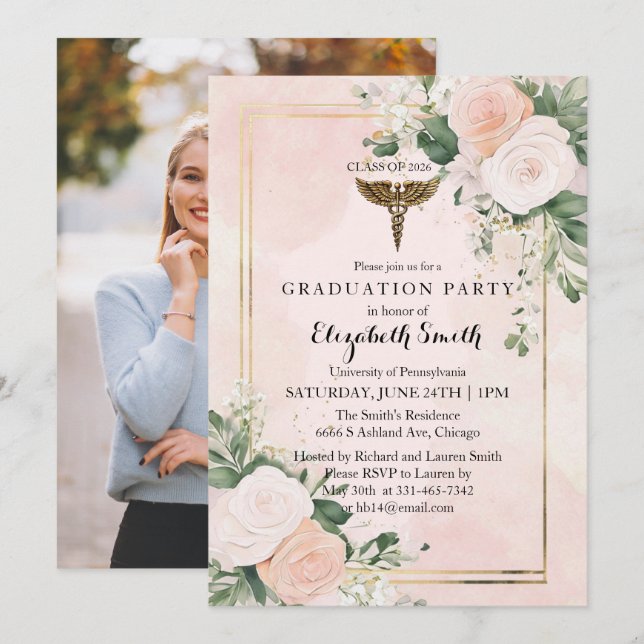 Convite Blush Pink Watercolor Nursing Graduation Invitatio (Frente/Verso)