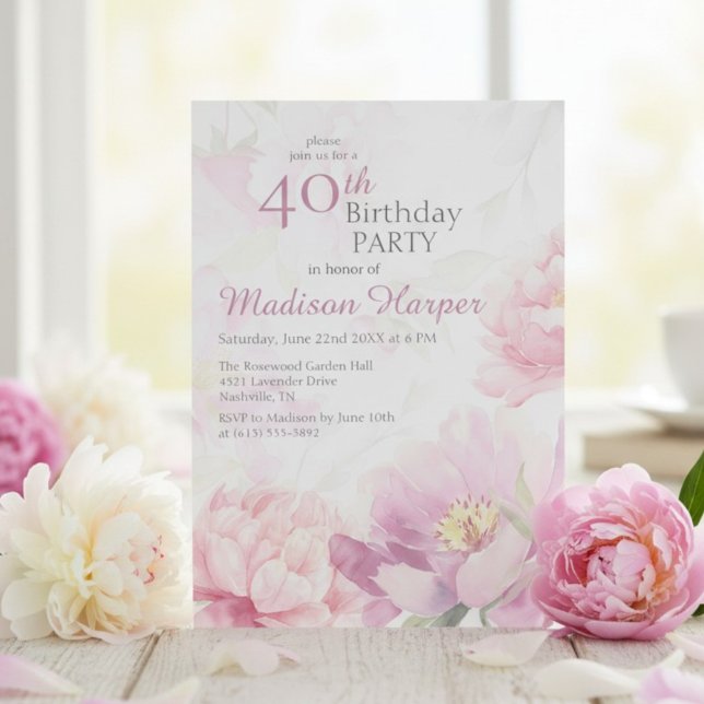 Convite Blush Pink Watercolor Peony 40th Birthday (Criador carregado)
