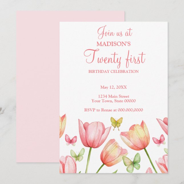 Convite Blush Pink Watercolor Tulips 21st Birthday Party  (Frente/Verso)