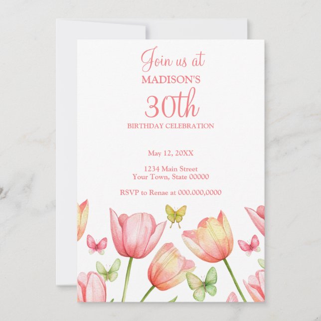 Convite Blush Pink Watercolor Tulips 30th Birthday Party  (Frente)
