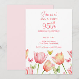Convite Blush Pink Watercolor Tulips 95th Birthday Party 