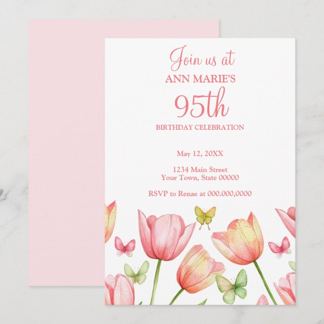 Convite Blush Pink Watercolor Tulips 95th Birthday Party  (Frente/Verso)