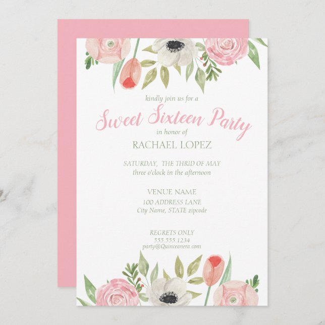 Convite Blush Pink & White Floral Sweet Dezesseis Aniversá (Frente/Verso)