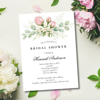 Convite Blush Pink White Florals Elegant Bridal Shower