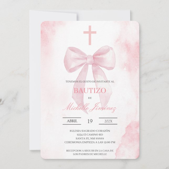 Convite Blush pink with cross baptism  (Frente)