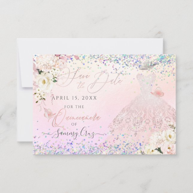 Convite Blush Quinceanera Save Date Holographic Confetti I (Frente)