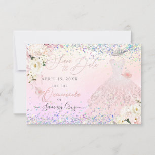 Convite Blush Quinceanera Save Date Holographic Confetti I