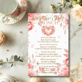 Convite Blush Rococo Floral Heart Galentine Brunch Menu