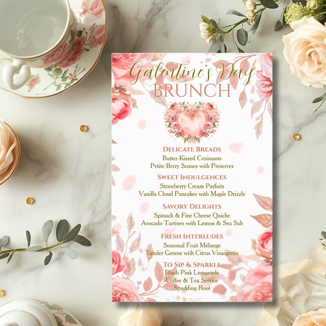 Convite Blush Rococo Floral Heart Galentine Brunch Menu (Criador carregado)