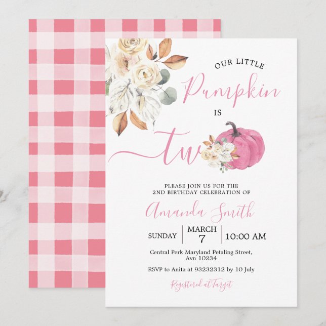 Convite Blush Rosa Abóbora Enamorada É Dois Aniversário (Frente/Verso)