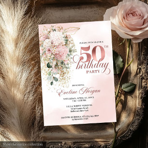Convite Blush Rosa Aguarela Rose Gold para 50º Aniversário