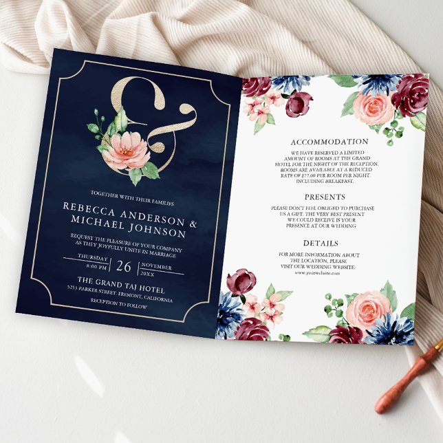 Convite Blush Rosa Azul Burgundy Floral Código QR Casament (Criador carregado)
