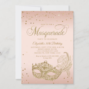 Convite Blush Rosa Dourado Brilho Máscara Aniversário