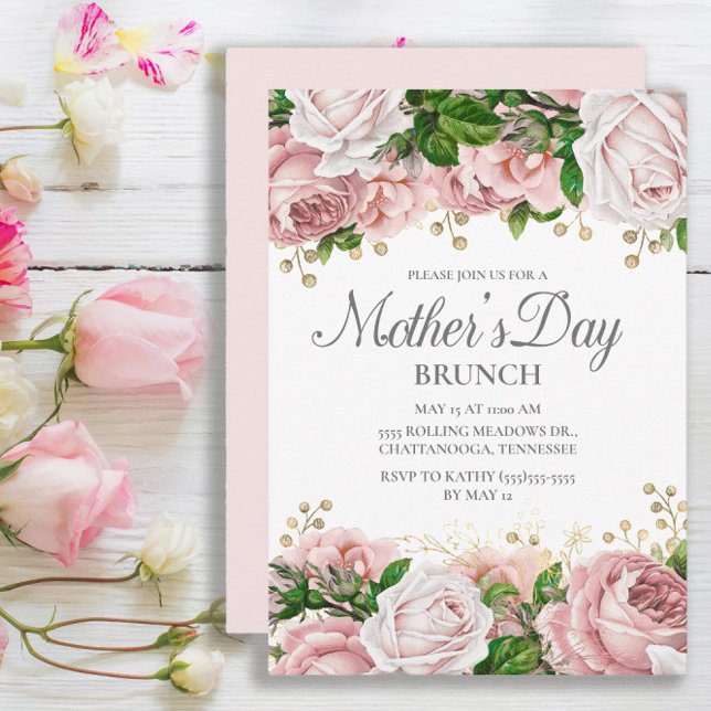 Convite Blush Rosa Dourado Floral Brunch do Dia das Mães (Elegant pink roses Mother's Day invitation)