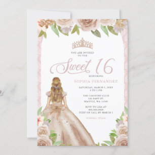Convite Blush Rosa Dourado Floral Princesa Tiara Sweet 16