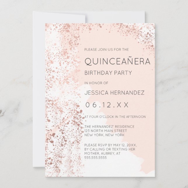 Convite Blush Rosa Dourado Splatter Brushaft Quinceañera (Frente)