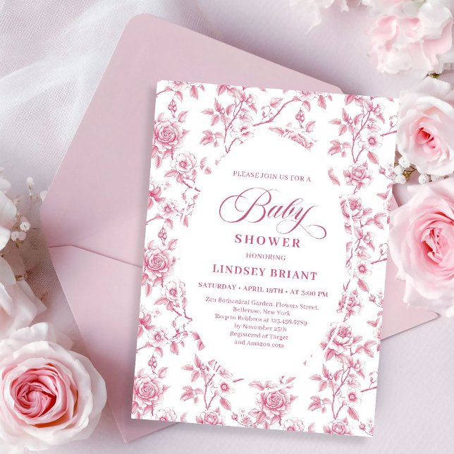 Convite Blush Rosa Dourado Toile Rosas Floral Chás de Bebê (Rose Gold Blush Toile Roses Floral Baby Shower Invite)