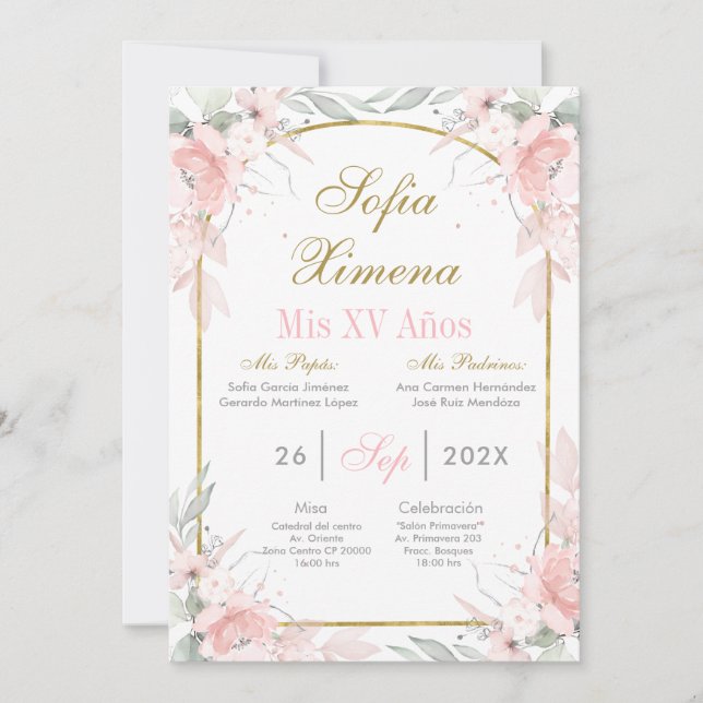 Convite Blush Rosa e Arco Dourado Quinceañera (Frente)