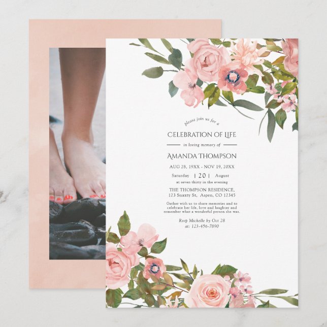 Convite Blush Rosa e Celebração de Vida Floral em Dourado  (Frente/Verso)